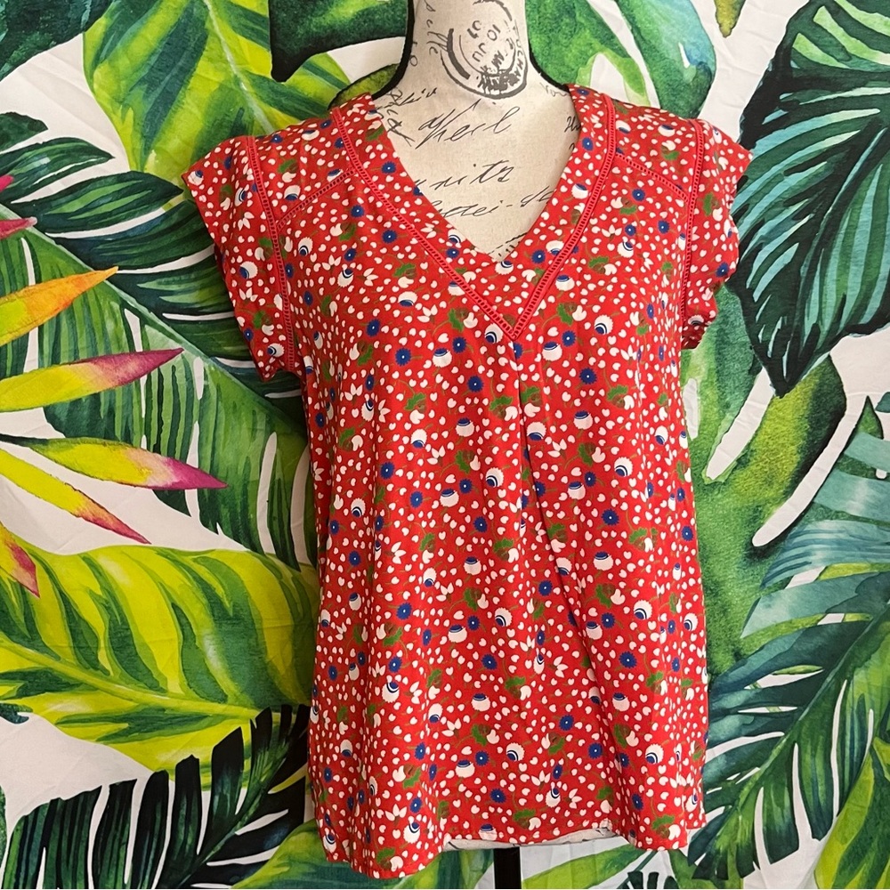 Rue Des Abbesses M Red Blue V Neck Preppy Colorful Maximalist Retro Print Blouse